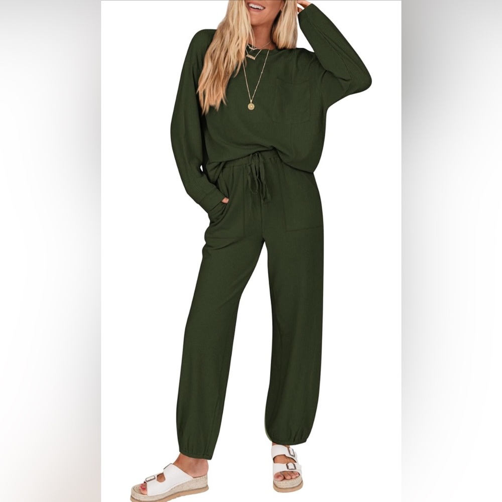 KIRUNDO Lounge Set for Women Travel Airport Outfit Ribbed Knit Jogger Pants Set